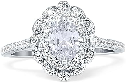 Floral Art Deco Oval Shape Vintage Style Halo Wedding Engagement Ring Cubic Zirconia 925 Sterling Silver