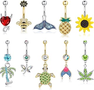 JeryWe Dazzling Sunflower Belly Button Ring with CZ Stones - 10Pc Set in Surgical Stainless Steel Perfect for Women