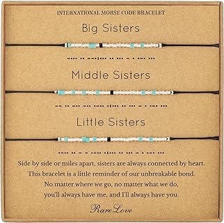 RareLove 3PCS Sister Bracelets for 3,Big Sister Middle Sister Little Sister Morse Code Beaded Bracelet for Women, Matching Bracelets for Three Sisters,Blue Silver Pony Seed Tiny Beads