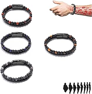 Unisex Natural Agate Stone and Leather Beaded Bracelet for Health and Weight Management by Humanic+ Pro Maxhematie - Stainless Steel Clasp with Lava Hematite Accents