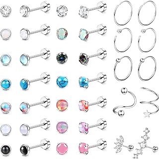 YADOCA 19-Pair Stud Earrings Set with Hypoallergenic Screw Backs in Stainless Steel for Women and Men - Tiny CZ, Opal, Moonstone, and Turquoise Studs for Tragus/Helix/Daith Piercing