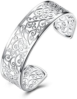 925 Sterling Silver Bangle Cuff Bracelets For Women, Hollow Open Bangle Bracelet Jewelry For Women