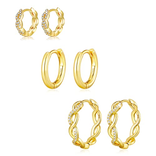 Senteria Small Gold Hoop Earrings for Women 3 Pairs 925 Sterling Silver 14K Gold Plated Small Huggie Hoop Earrings Set for Girls (13mm 15mm 20mm)