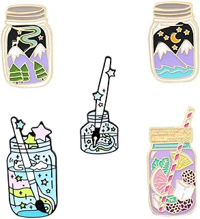 TEHAUX Cartoon-Inspired Enamel Glass Bottle Brooches, 5pc Set with Durable Alloy Pins, Perfect for Outfit Accessorizing - Milk Tea Cup Design