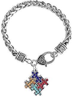 Autism Puzzle Heart Cross Charm Bracelet with Lobster Claw Clasp and Box Chain, Stainless Steel, Ideal for Men and Women - Expressive Jigsaw Design from Taiwan