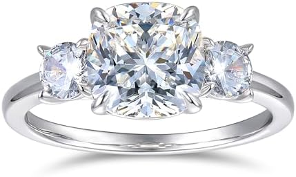 3-Carat Cushion Cut Moissanite Engagement Rings in Sterling Silver for Women, 3-Stone Design