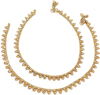 Duel On Jewel Indian Everyday Wear Gold Tone Plated Beach Party Chain Bells Anklet Paayal Set For Women