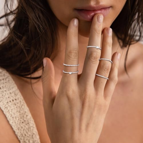 Sterling Silver Rings for Women, Dainty Stackable Silver Rings for Women Cute 925 Silver Rings for Teen Girls Thin Beaded Eternity Bands Wedding Rings Band Adjustable Ring Set Knuckle Bands for Women Size 5-10in