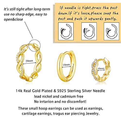 Senteria Small Gold Hoop Earrings for Women 3 Pairs 925 Sterling Silver 14K Gold Plated Small Huggie Hoop Earrings Set for Girls (13mm 15mm 20mm)
