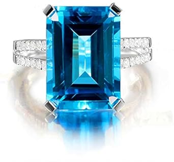 Women's AAA Cubic Zirconia Split Shank Engagement Ring in Emerald Cut with Simulated Blue Topaz - Nickel Free Platinum-Plated Brass by Uloveido