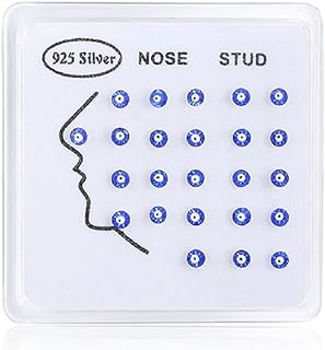 COLORFUL BLING 24Pcs 22G Blue Evil Eye Nose Studs 925 Sterling Silver Inlaid 3MM e Austrian Cubic Zirconia Nose Rings Stud Multicolor for Women Men Nose Body Piercing Jewelry with Box