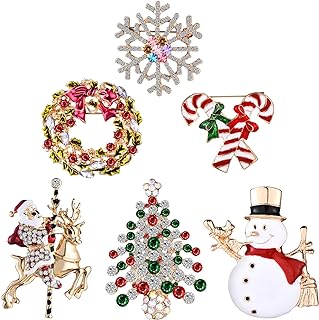 Christmas Brooch Pin Set Rhinestone Crystal Cute Christmas Pins for Christmas Decorations Including Bells, Reindeer, Christmas Tree, Garland, 6 Pieces