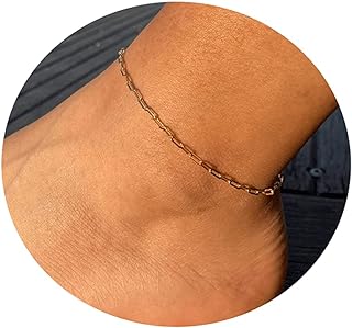 Lobster Claw Clasp Paper Clip Anklet - 14K Gold Plated Box Chain for Women - Tasiso Dainty Ankle Bracelets - Minimalist Figaro Satellite Beaded Design - Ideal Summer Beach Foot Jewelry Gift from USA