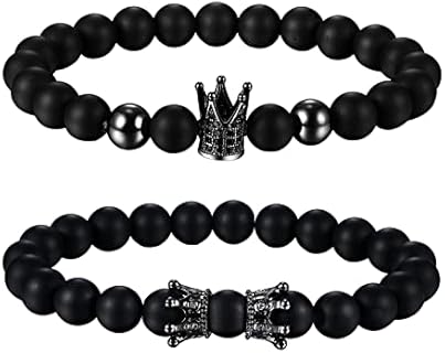 Mens Women's Crown King and Queen Beaded Bracelet, Black Onxy Beads Biker Link Bracelets for Couples Christmas Valentines 8MM
