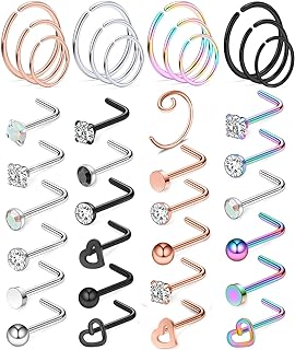 Ocptiy 18G 20G 22G Stainless Steel Nose Ring Hoop Nose Rings Studs Piercings Hoop Jewelry for Women Men 33Pcs-36Pcs