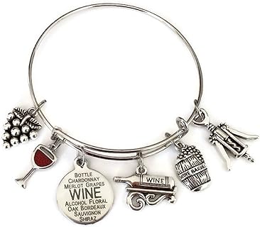 Kit's Kiss Wine Bracelet, Wine Jewelry, Gift for Wine Lover, Wine Charm Bracelet, Grape, Red Wine Glass, Wine Opener, Wine Barrel, Wine Bottle, Wine Gift, Wine Bangle Bracelet
