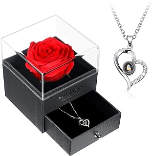 Hicarer I Love You Necklace 100 Languages Projection Heart Pendant Necklace with Red Rose Jewelry Storage Box Gifts for Mom Mama Mother's Day Wife Girlfriend Wedding Birthday