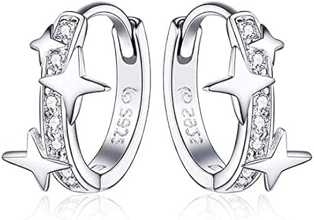 Qings Boucles d'oreilles Créoles en Argent Sterling 925 avec Zircone Cubique et Étoiles, Taille Petite pour Femmes et Filles, Cadeaux Idéaux pour Toutes Occasions