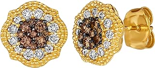 LeVian 14k Yellow Gold Stud Earrings with White and Chocolate Diamond Accents, Push Back Design