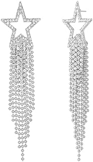 Mlouye Star Drop Earrings in Silver - Sparkly Rhinestone Tassel Chandelier Design with Push Back - Women's Eco-friendly Brass Dangle Jewelry