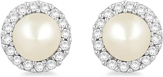 Jewelili 10k Yellow Gold Stud Earrings with 4mm Round Pearl and Natural White Round Diamonds, 1/10 cttw