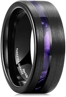 King Will 8mm Green/Blck/Red/Purple Shell/Meteorite Inlaid Black Tungsten Carbide Rings Wedding Band Brushed/Polished Men’s Engagement Ring Comfort Fit for Men Women