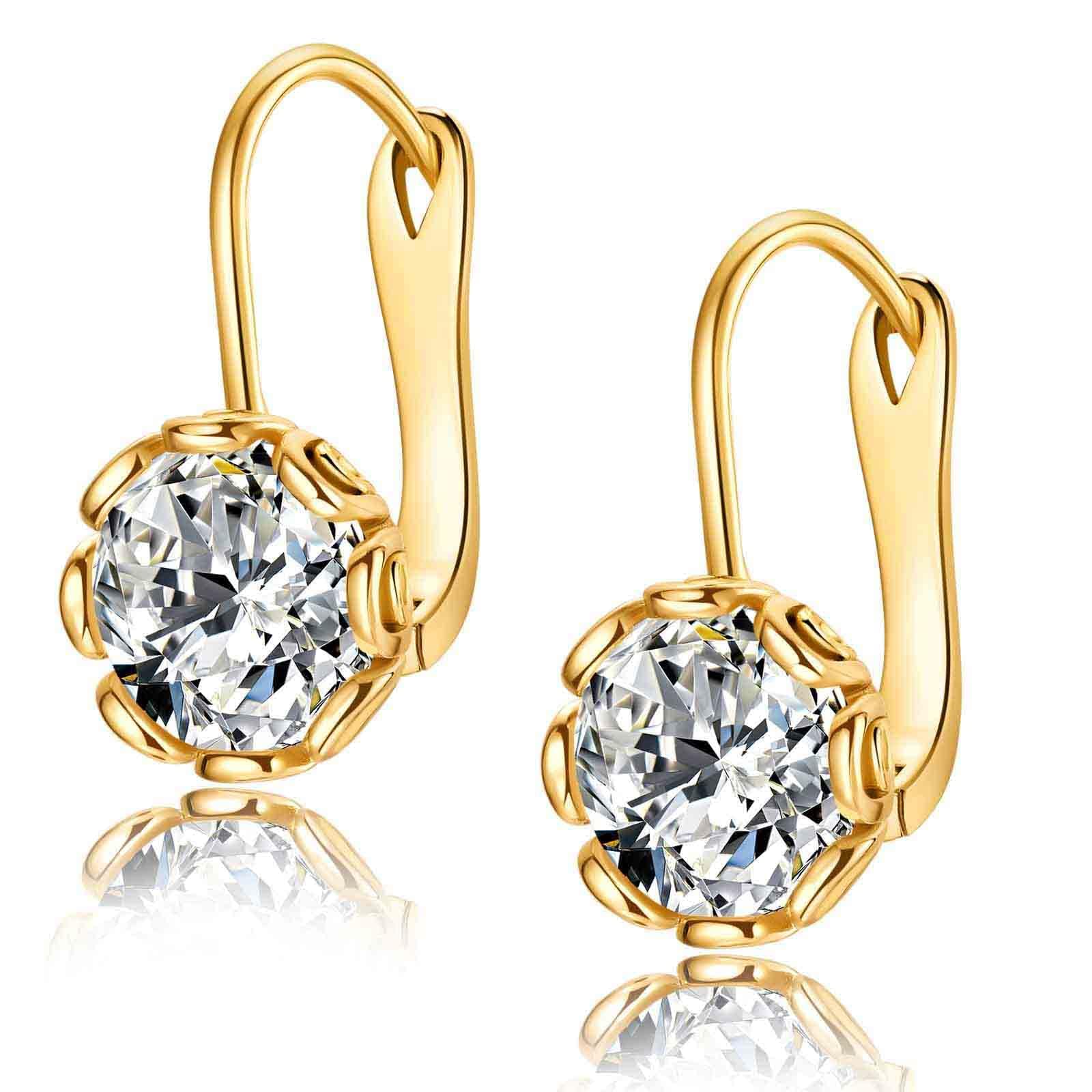 Round Crystal Flower Leverback Drop Earrings for Women 14k Gold Plated Sparkling Cubic Zirconia Elegant Diamond Dangle Earrings