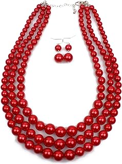 Harry and Henry 3Pcs Layered Red Beaded Necklaces for Women Red Pearl Necklace Earrings Set Multilayer Red Necklaces for Girls Red Pearl Earrings Gifts