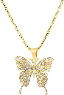 18K Gold Plated Iced Out Stainless Steel Animal Butterfly Pendant Necklace