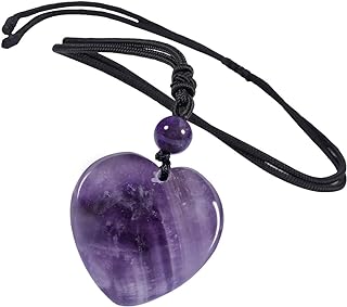 Unisex Amethyst Crystal Stone Chakra Pendant Necklace with Rope Chain - Heart-shaped Carved Stone Healing Jewelry by TUMBEELLUWA