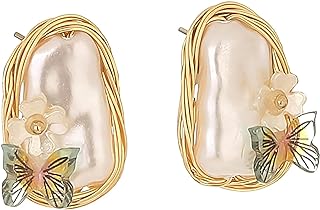 Fremskre 925 Sterling Silver Needle 18k Gold Baroque White Big Irregular Pearl Stud Earrings For Women Handmade Hypoallergenic Engaged Wedding Bridesmaid Hanging Jewelry