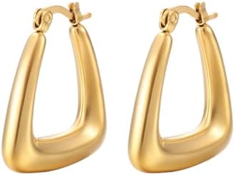 18K Gold Plated, Titanium Twisted Chunky Triangle Hoop Earrings for Women - Stylish Rope Round Design