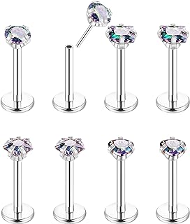 NICEIGHT 8Pcs 16-20G Stainless Steel Threadless Push in Nose Rings Studs for Women CZ Tragus Earring Set Labret Monroe Medusa Piercing Lip Ring Cartilage Tragus Helix Studs