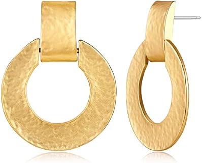 Matte Gold Hoop Earrings for Women - ClassyZINT Bold Hammered Brass Dangle Earrings with Retro Charm, Lever Back Design, No Gemstones, Made in China