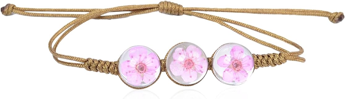 Handmade Dry Pressed Flower Cherry Blossom Gemstone Glass Cover Adjustable Rope Strand Bangle Bracelet Jewelry Gift for Women Girls