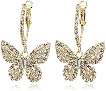 Butterfly Hoop Dangling Earrings For Women,Crystal Rhinestone CZ Drop Earrings For Girls,Gold Plated Cubic Zirconia Earrings for Prom Wedding Brides