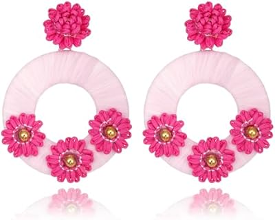 Handcrafted Raffia Flower Hoop Earrings with Push-Back Mechanism in Dangle Design for Women