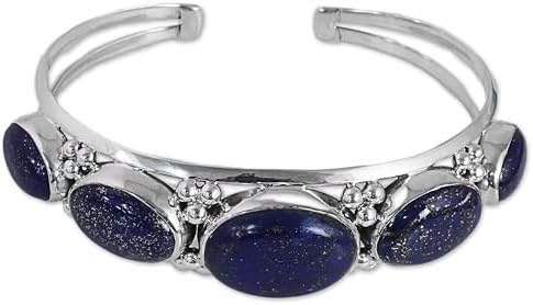 NOVICA Artisan Handmade Lapis Lazuli Cuff Bracelet Gemstone Sterling Silver Blue India Riverside Birthstone [6 in L (end to End) x 0.8 in W] ' Blue Allure'