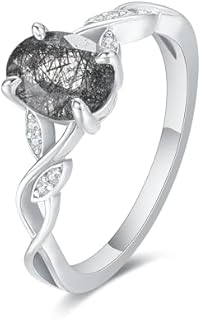 Fashion Ring for Women Natural Black Rutilated Quartz Engagement Ring 1.5CT Oval Cut Crossed Shaped Black Rutilated Quartz Wedding Ring CZ Dainty Stackable Cocktail Rings for Women 925 Silver Ring Promise Ring for Women