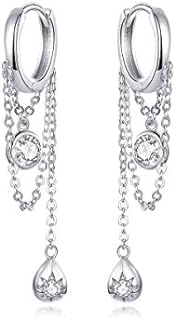 Sterling Silver Dangle Diamond Small Hoop Earrings for Women Girls CZ Elegant Threader Tassel Drop Long Chain Cuff Earrings Sensitive Ears Hypoallergenic