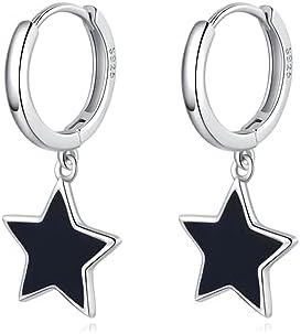 925 Sterling Silver Black Star Hoop Earrings with Clutchless Finding for Women and Teen Girls - 1.3CM Dangle Design