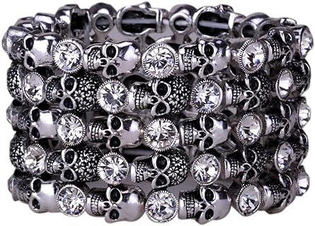 Women's Crystal-Embellished Skull Stretch Cuff Bracelet with Snake Chain - Vintage Alloy Biker Jewelry for Unique Elegance - Adjustable to Fit 7-8 inch Wrist