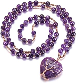 Jovivi Natural Amethyst Quartz Healing Crystals Necklace Wire Wrapped Crystal Heart Tree of Life Chakra Gemstone Pendant 28" Mala Beads Chain