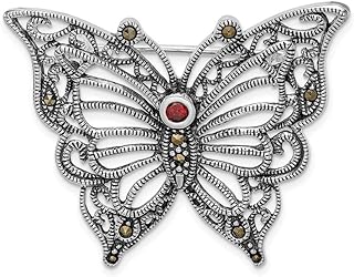 FB Jewels Solid 925 Sterling Silver Rhodium-Plated Marcasite Red Cubic Zirconia CZ Butterfly Pin