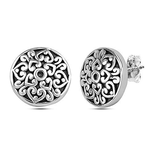 Sterling Silver Jewelry Light-Weight Two-Tone Antique Stud Earrings for Women