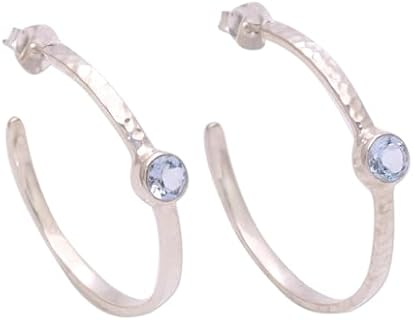 Handcrafted Blue Topaz Half-Hoop Earrings with Push Back Closure in Sterling Silver and Yellow Gold for Women, by NOVICA Artisan