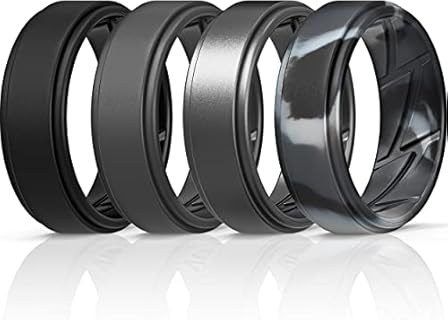 ThunderFit Silicone Wedding Rings for Men Breathable Airflow Inner Grooves, Step Edge Sleek Design Rubber Engagement Bands 8mm Wide 2mm Thick - 1/2/3/4/5/6/7 Variety Multipack