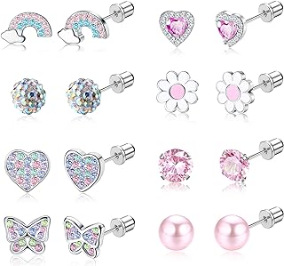 LOLIAS Hypoallergenic, Colorful Stud Earrings for Girls, Featuring Stainless Steel Screw Back, 8 Pair Set in Heart, Butterfly, & Flower Designs