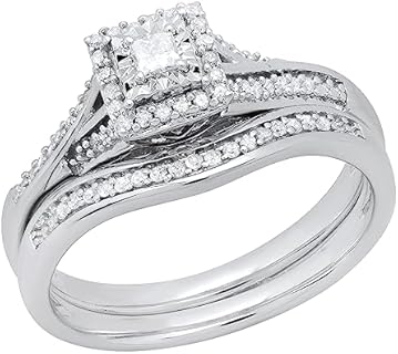 Dazzlingrock Collection Princess & Round White Diamond Bridal Engagement Ring Set 1/4 CT (0.25 ctw, Color I-J, Clarity I2-I3), 925 Sterling Silver