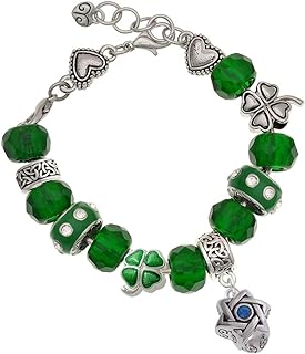 Delight Jewelry Plated Star of David with Blue Crystal Spinner - Green Irish Luck Bead Charm Bracelet, 7.5"